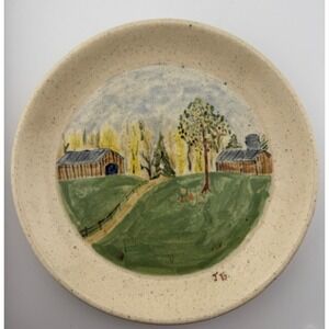 Vintage John Garrou Farm Scene Pottery Stoneware Decorative Plate Old Fort NC